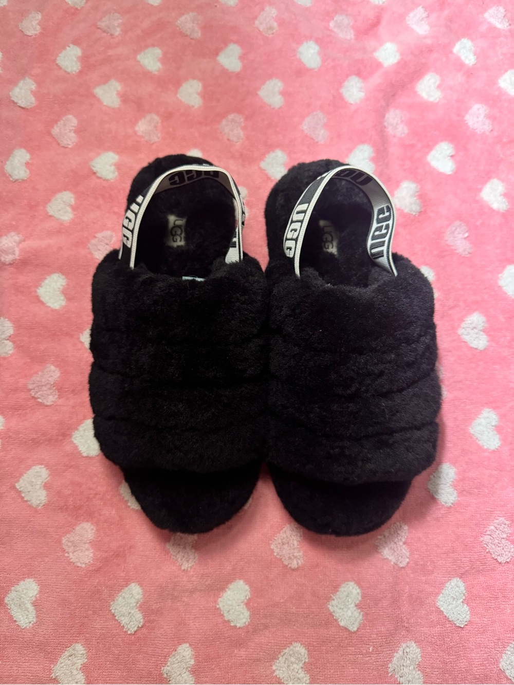 UGG Black Fluff Slide Slippers with Logo Slingback